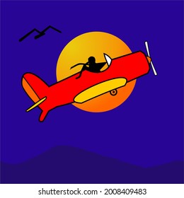ancient airplane illustration with night and full moon background