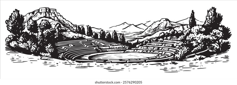 ancient amphitheater with scenic mountain background hand-drawn illustration