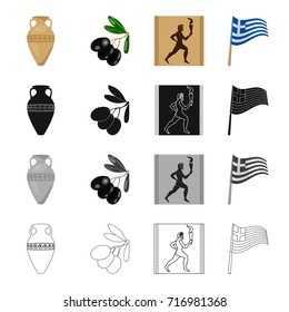 Ancient amphora, a branch of olives, a picture of a Greek athlete, a national flag. Greece set collection icons in cartoon black monochrome outline style vector symbol stock illustration web.