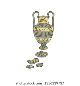 Ancient amphora with handles and splinters sketch style, vector illustration isolated on white background. Antique greece vase with its fragments, archaeological artifact