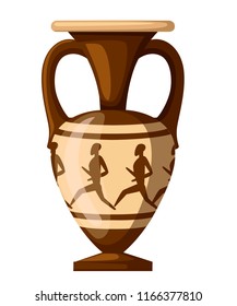 Ancient amphora illustration. Amphora with humans and two handle. Greek or roman culture. Brown color and patterns. Flat vector illustration isolated on white background. Greek pottery icon.