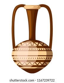 Ancient amphora illustration. Amphora with pattern and two handle. Greek or roman culture. Brown color and patterns. Flat vector illustration isolated on white background. Greek pottery icon.