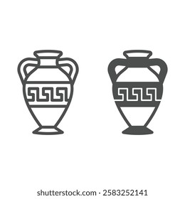 Ancient amphora line and solid icon, exhibition concept. Vector graphics. Vintage jug with ornament sign on white background, outline style icon for mobile or web design