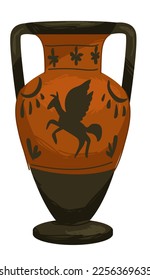 Ancient amphora with ornaments and classic greek design. Isolated vase exhibition or exponent. Civilization and culture, tradition ceramic art antiquity. Pot with ornaments. Vector in flat style