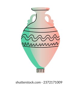 Ancient amphora with two handles isolated. Decorative vase with an ornament. Ancient Greek jug. Element with color gradient and line. Clay vessel. Hand drawn. Vector.