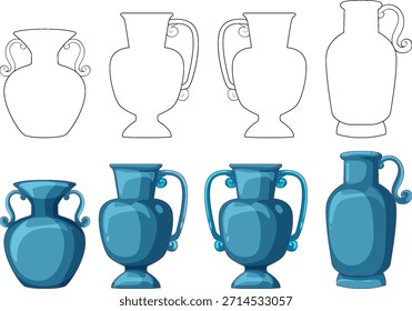 Jarrones de ánforas antiguos ilustrados en etapas de Vector progresivo, paleta de colores azules, contornos limpios