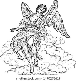 An ancient angel flying through the clouds. Hand drawn vector illustration. 