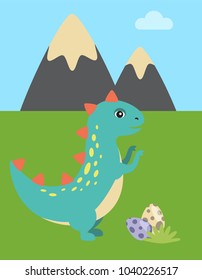 Ancient animal and eggs set, dinosaur and mountain, blue sky with clouds and eggs, dinosaur with spikes and tail, isolated on vector illustration
