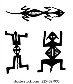 Ancient animal symbols. A set of elements in the style of primitive art, Black and white vector. Suitable for use in websites and designs. Decorative lizards