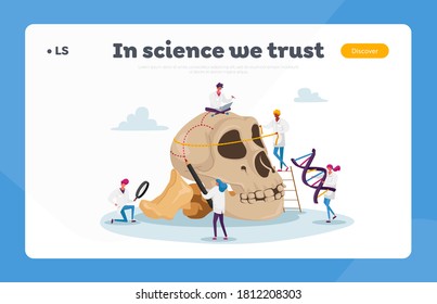 Ancient Anthropology Landing Page Template. Tiny Characters Measure Huge Human Skull with Bones and Dna Spiral. Paleolithic Research Educational Culture Exploration. Cartoon People Vector Illustration