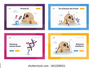 Ancient Anthropology Landing Page Template Set. Tiny Characters Measure Huge Human Skull with Bones and Dna . Paleolithic Research Educational Culture Exploration. Cartoon People Vector Illustration