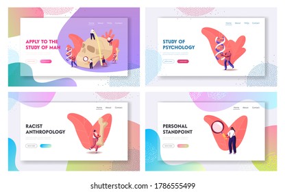 Alte Anthropologie studieren Landing Page Template Set. Winzige Charaktere, die riesige menschliche Schädel, Karren Knochen und DNA Spirale messen. Paläolithische Bildungsforschung. Vektorgrafik von Cartoon People