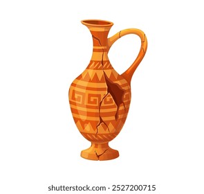 Ancient antique broken jug, cartoon museum ceramic pottery. Isolated cartoon vector old cracked earthenware pitcher. Vessel for wine or oil, artefact with cracks, greek or roman pattern and handle