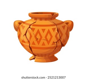 Ancient antique broken vase or pot, cartoon ceramic museum jar. Old cracked pottery or crockery item. Isolated vector clay urn or tableware with geometric pattern. Historical archeological relic