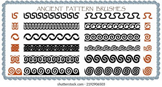 Altes antikes Griechenland bürstet isolierte Set-Dekoration Muster in Schwarz-Weiß-Farben. Geometrische ethnische Grenzen und Rahmenelemente für Tätowierungen, Trennlinien, Hintergrund, Vektorgrafik