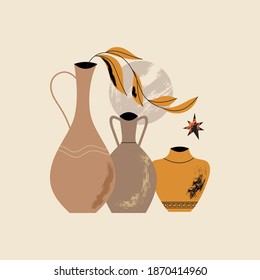 Ancient antique greek style pottery or amphora with floral and abstract shapes elements isolated for print and other decoration. Clayware crafting hobby, online classes, handmade pottery concept.