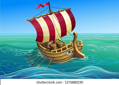 Ancient antique ship. A wooden warship with a sail, trireme. Vector illustration.