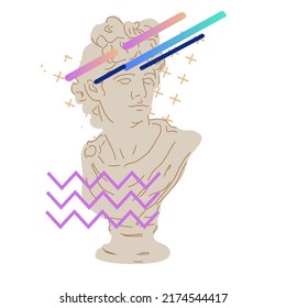 Ancient Apollo statue bust and geometric gradient elements flat vector illustration isolated on white background.