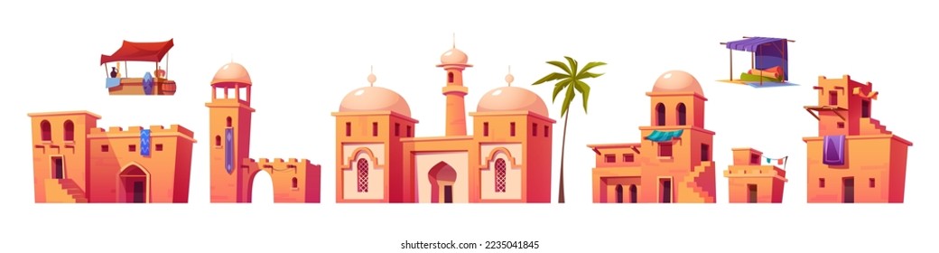 Ancient arab city isolated set, arabic buildings, architecture, dwellings, market stalls, stone houses with domes, stairs, arched windows and doors on white background Cartoon vector illustration