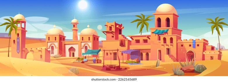 Ancient arab city with market and palace in desert. Vector cartoon illustration of sandy area with traditional yellow houses, antique castle, islamic mosque buildings, palms. Travel game background - Shutterstock ID 2262165689
