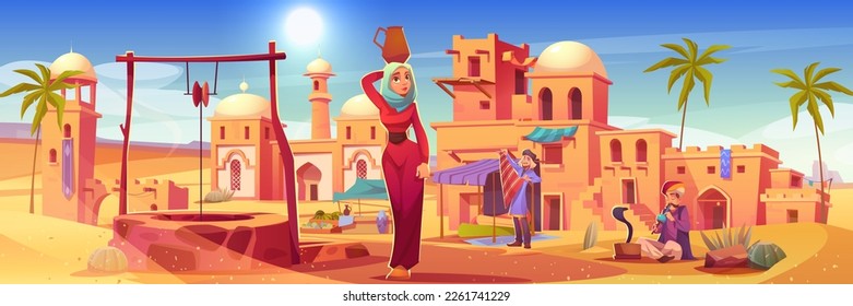 Ancient arab city with old houses and buildings in desert. Arabian town landscape with market, water well, mosque and woman with jug on head, vector cartoon illustration