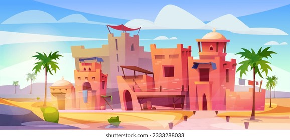 Ancient arab city poster. Panorama with urban oriental landscape, desert and palm trees. Traditional Islamic culture and desert area, antique castles and architecture. Cartoon flat vector illustration