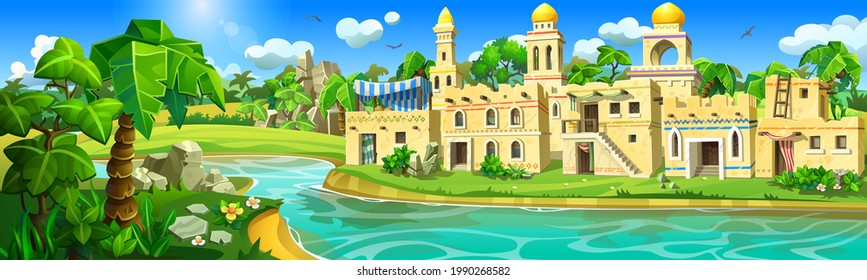 An ancient Arab city with stone houses, large temples with domes and mosques. Vector illustration of the ancient town, standing on the shore of a tropical river. 