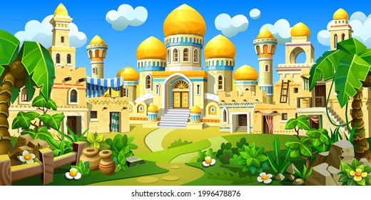 An ancient Arab town in the desert, with stone houses. A palace with towers, golden domes and tents. Temples, mosques, houses with oriental decorations among tropical plants. 