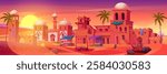 Ancient Arab town landscape with clay buildings, market stands and palm trees on vibrant sunset sky. Desert cityscape with traditional architecture, trading stalls and domed towers under bright sun.