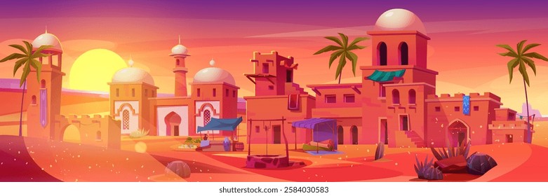 Ancient Arab town landscape with clay buildings, market stands and palm trees on vibrant sunset sky. Desert cityscape with traditional architecture, trading stalls and domed towers under bright sun.