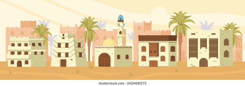 Paisaje del desierto de la ciudad árabe antigua sin personas vector plano horizontal banner.