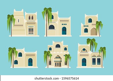 Ancient arabic houses. Old traditional muslim brick buildings desert architectural objects mosque vector flat collection