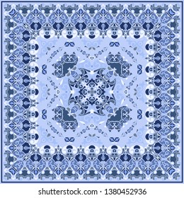 Ancient Arabic pattern. Blue Persian carpet with rich ornament for fabric design, interior decoration, textile scarf.