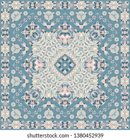 Ancient Arabic pattern. Blue Persian carpet with rich ornament for fabric design, interior decoration, textile scarf.