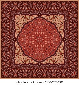 Ancient Arabic pattern. Red Persian carpet with rich ornament for fabric design, handmade, interior decoration, textile.