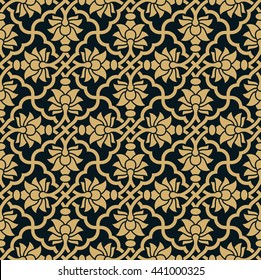 Ancient Arabic Seamless Pattern. Traditional Islamic Design. Ocher on Black. Mosque decoration element.