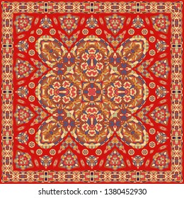Ancient Arabic square pattern. Red Persian ornament for fabric design, interior decoration, textile scarf, carpet.