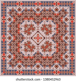 Ancient Arabic square pattern. Red Persian ornament for fabric design, interior decoration, textile scarf, carpet.