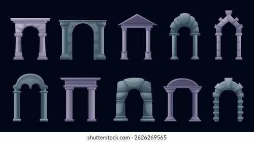 Arco antigo. Arcos antigos de desenhos animados, elementos de arquitetura de bolas de pedra. Antigos arcos com colunas e pilares, portões do castelo hoje conjunto vetor
