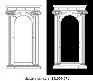 Ancient arch, entrance with columns, classical architectural element. Linear and white silhouette.