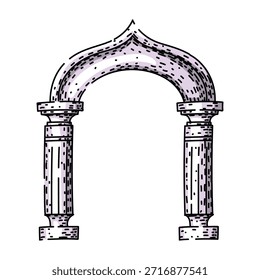 Ancient arch structure illustrating historical architecture, featuring two classical columns with fluted details and supporting a decorative archway, representing history, entrance, and design