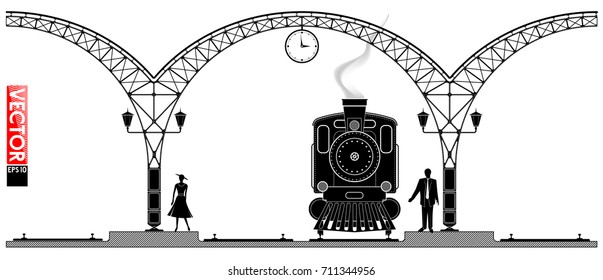 An ancient arched metal building of the railway station. People and steam locomotiv on the platform. Black profile