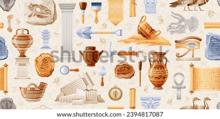 Ancient archeology pattern. Archaeology historic seamless background. Vector Greek Egyptian pottery. Tools, dig, brush, magnifier. Artifact, cup, jar, column, papyrus scroll, dinosaur fossil footprint