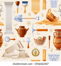 Ancient Archeology Pattern. Archaeology And History Seamless Background. Vector Greek Egyptian Art. Tools - Dig, Brush, Magnifier, Compass. Pottery And Artifact - Cup, Jar, Column, Papyrus Scroll Set