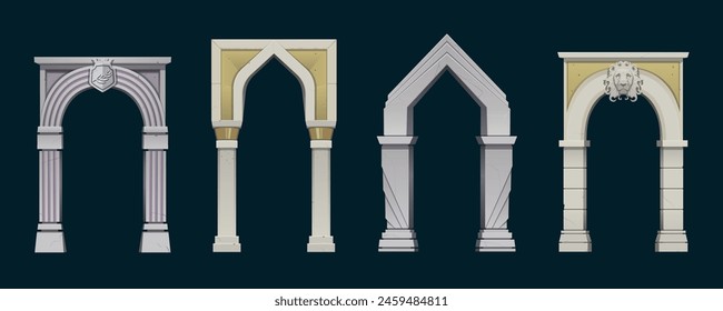 Arcos antiguos con columnas de piedra, griegos o romanos, juego de Vectores de dibujos animados de fantasía. Los arcos de época están decorados con una escultura de la cabeza de un león, un escudo coronado con un escudo y una rama de olivo