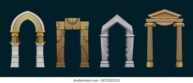 Ancient arches with stone columns, Greek or Roman, fantasy cartoon vector set. Old architecture and ruins, stepped cascade, vintage gates. Engraved stone decorated with a pattern of circles.