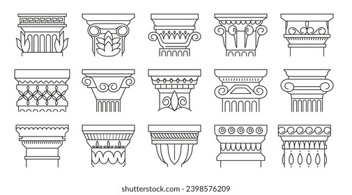 Ancient architectural details. Ancient relief sculpture and classical architecture style, antique mediterranean building facade decoration. Vector isolated set. Creative and elegant construction