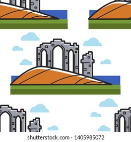 Ancient architecture and landmark Scottish temple ruins seamless pattern vector traveling and exploration attraction and sightseeing travel to Scotland endless texture United Kingdom wallpaper print