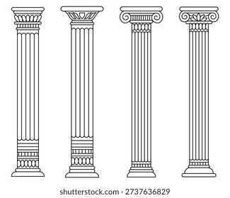Ancient architecture pillars vector illustration. Ancient greek column icon. Ancient Greek Roman architectural pillars icon collection isolated on white background. Pillar Columns icon vector.