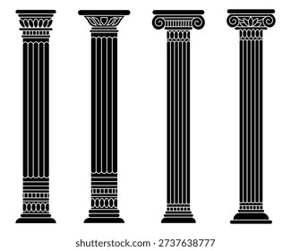 Ancient architecture pillars vector illustration. Ancient greek column icon. Ancient Greek Roman architectural pillars icon collection isolated on white background. Pillar Columns icon vector.